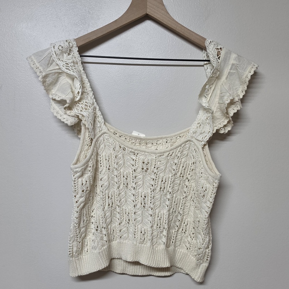 Anthropologie Ruffled Garden Sweater Tank Top Ivory Knit Lace Trim NWT Large - Picture 8 of 11
